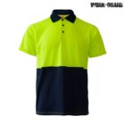 A two-tone polo shirt featuring a bright yellow upper half and a dark blue lower half. It has a classic collar, a button placket, and short sleeves. The Work-Guard logo is visible in the top right corner.