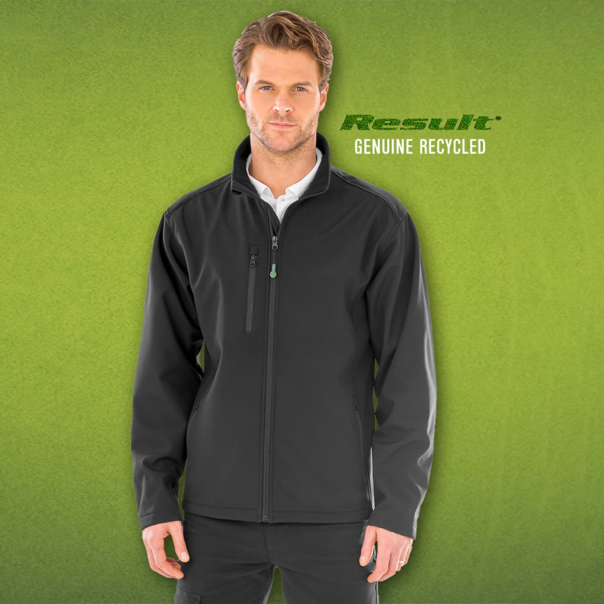 A man wearing a black jacket over a white collared shirt stands against a green background. The words Result: Genuine Recycled are displayed above him.