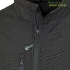 Close-up of a black jacket featuring zippered closures. The jacket has a tag labeled Recycled and text in the upper right corner reads Result Genuine Recycled.