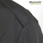 Close-up of a dark gray fabric with visible stitching on the shoulder. A small black loop is attached near the seam. The image includes text that reads Result Genuine Recycled in the upper right corner.