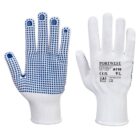 White work gloves with blue grip dots on the palm and fingers, shown front and back.