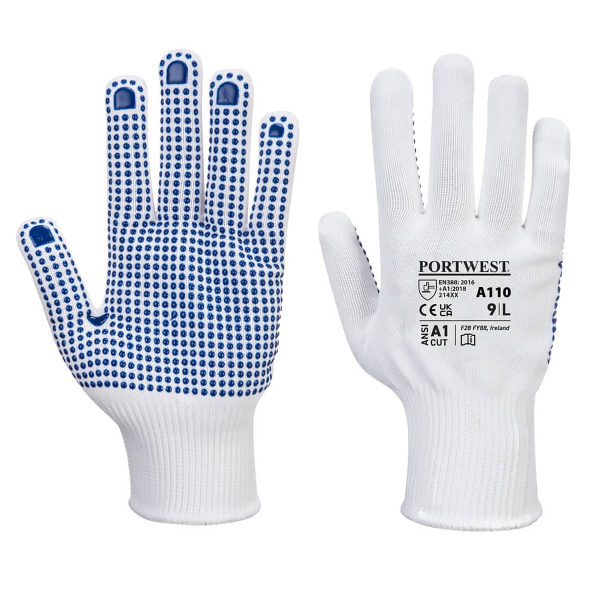 White work gloves with blue grip dots on the palm and fingers, shown front and back.