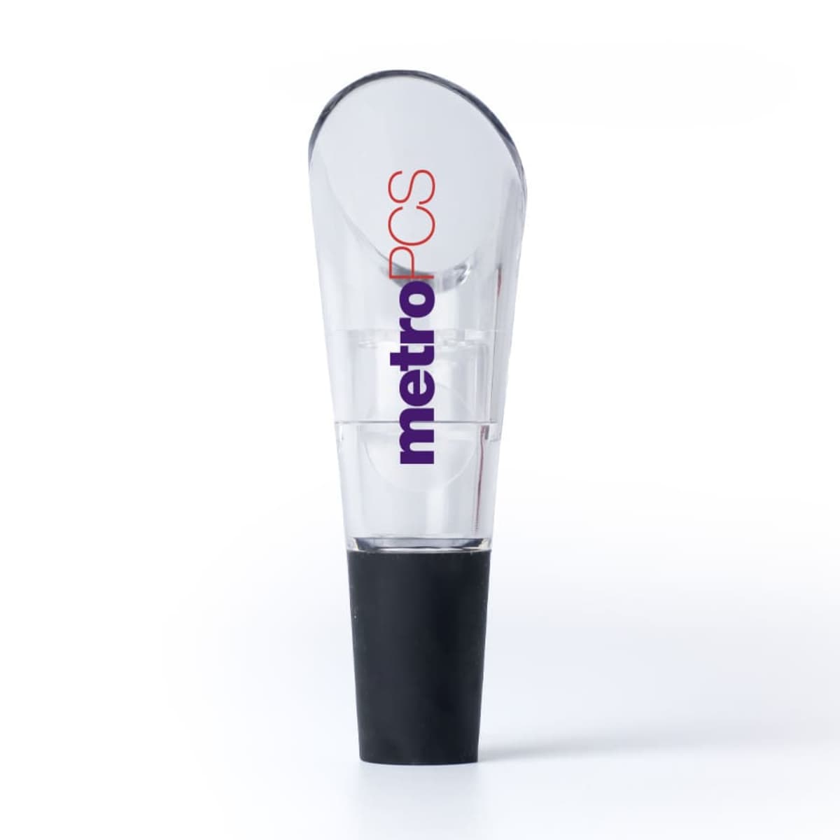A transparent bottle stopper with a black base is shown. The stopper is branded with the text metroPCS in purple and red lettering on the clear portion.