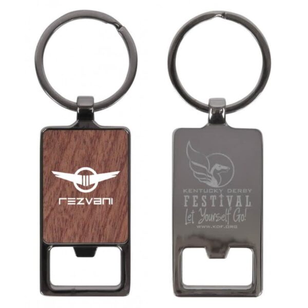 Two metal keychains with bottle openers. The left keychain has a wooden design with Rezvani and a logo. The right keychain displays Kentucky Derby Festival Let Yourself Go! with a winged logo.