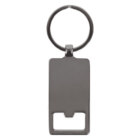 A silver metal keychain with a rectangular tag and a built-in bottle opener at the bottom. The keyring is circular and attached to the top of the tag.