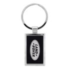 Silver keychain with a rectangular pendant featuring the Land Rover logo on a black background.