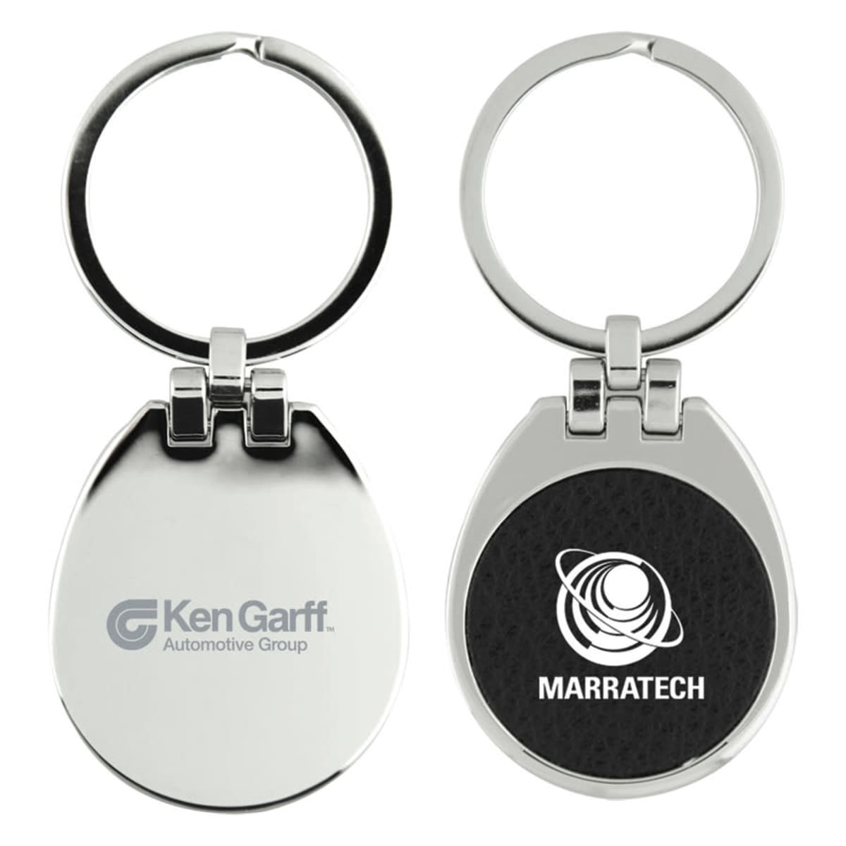 Two silver keychains with oval-shaped attachments. The left shows the Ken Garff Automotive Group logo, and the right displays the MARRATECH logo with a stylized circular design.