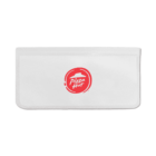 A white pouch with a transparent front features the Pizza Hut logo, which includes a red stylized hat and the words Pizza Hut in white. The pouchs design is simple, with a zipper closure on top.