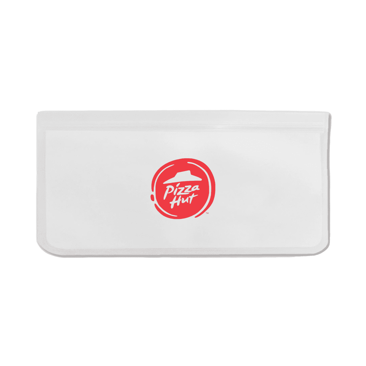 A white pouch with a transparent front features the Pizza Hut logo, which includes a red stylized hat and the words Pizza Hut in white. The pouchs design is simple, with a zipper closure on top.