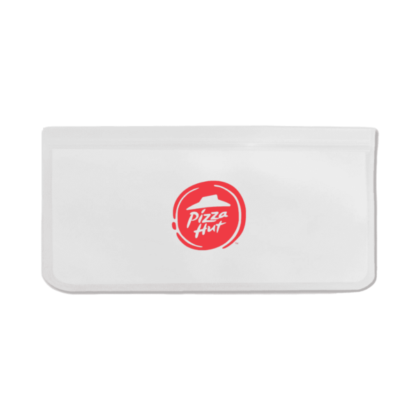A white, rectangular pouch features the Pizza Hut logo, characterized by a red circle with a stylized pizza hat design and the brand name in the center. The pouch has a simple, minimalist design.
