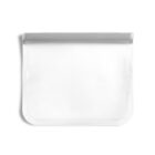Transparent, reusable silicone storage bag with a gray seal at the top, shown against a white background. The bag is empty and features a flat, rectangular shape with rounded corners.