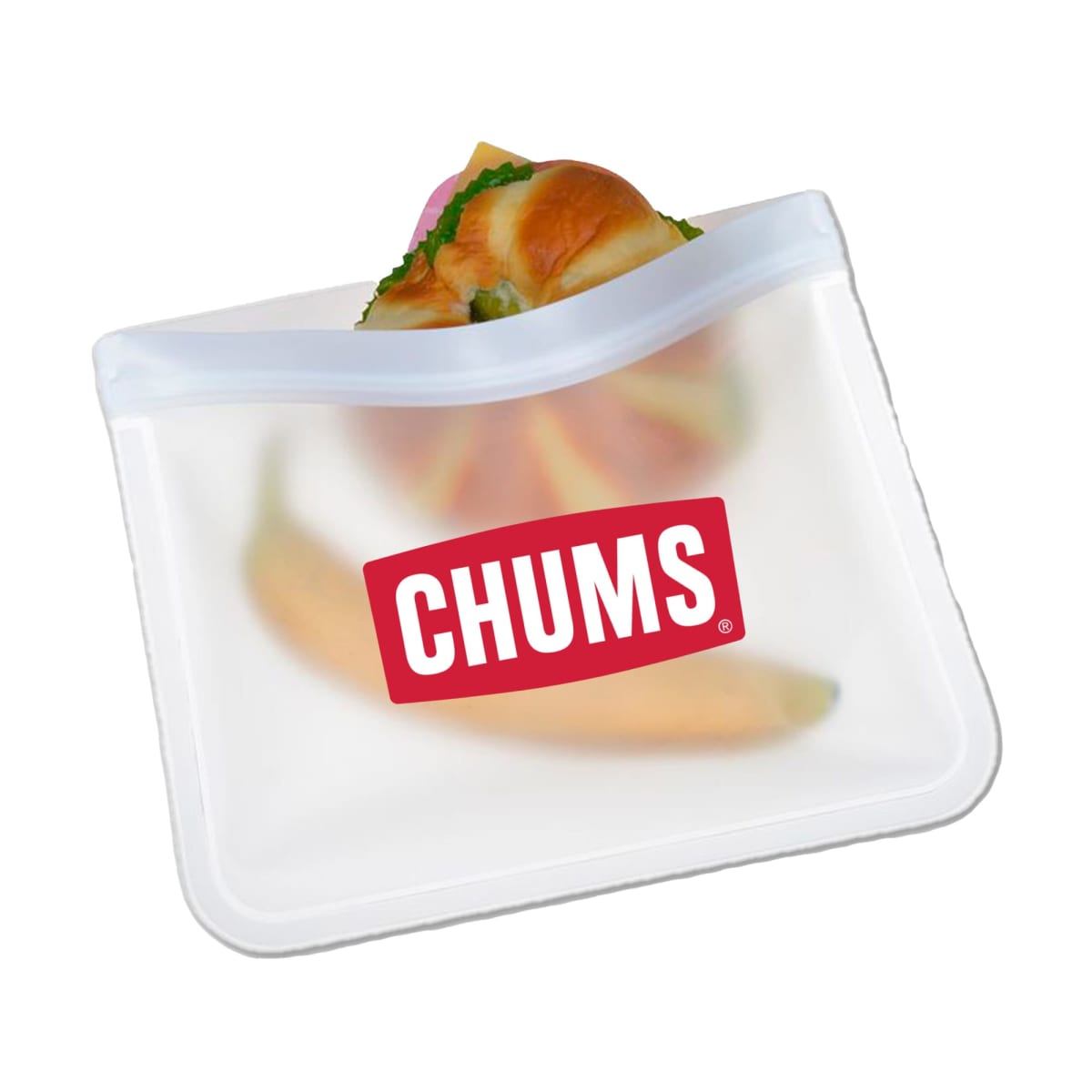 Reusable sandwich bag with a visible sandwich inside, partially sealed. The bag is clear with a red rectangular logo that reads CHUMS in white text.