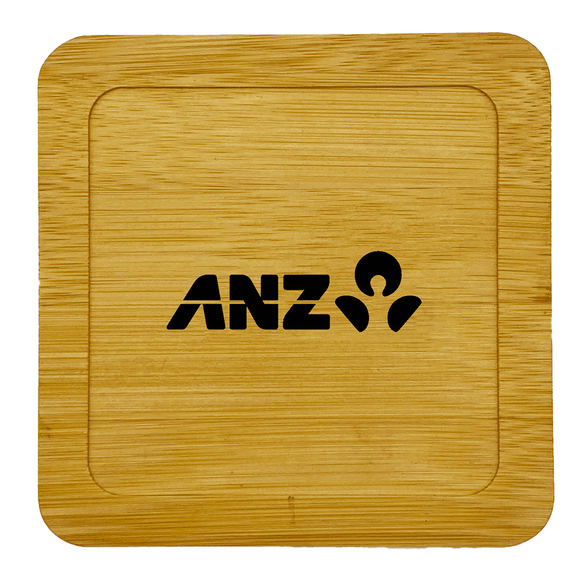 Square bamboo coaster with rounded edges featuring the ANZ logo in black. The coaster has a smooth, natural wood finish.