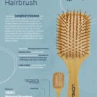 Illustration of a bamboo hairbrush with dimensions of 82mm W x 253mm H. Features include biodegradable, anti-static pins and antimicrobial properties. Suitable for gym bags and handbags. Packaging is kraft sleeve.