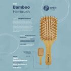 Two bamboo hairbrushes are displayed on a turquoise background. The larger brush features a company logo on the handle. Text describes features such as being eco-friendly, lightweight, and made from biodegradable materials.