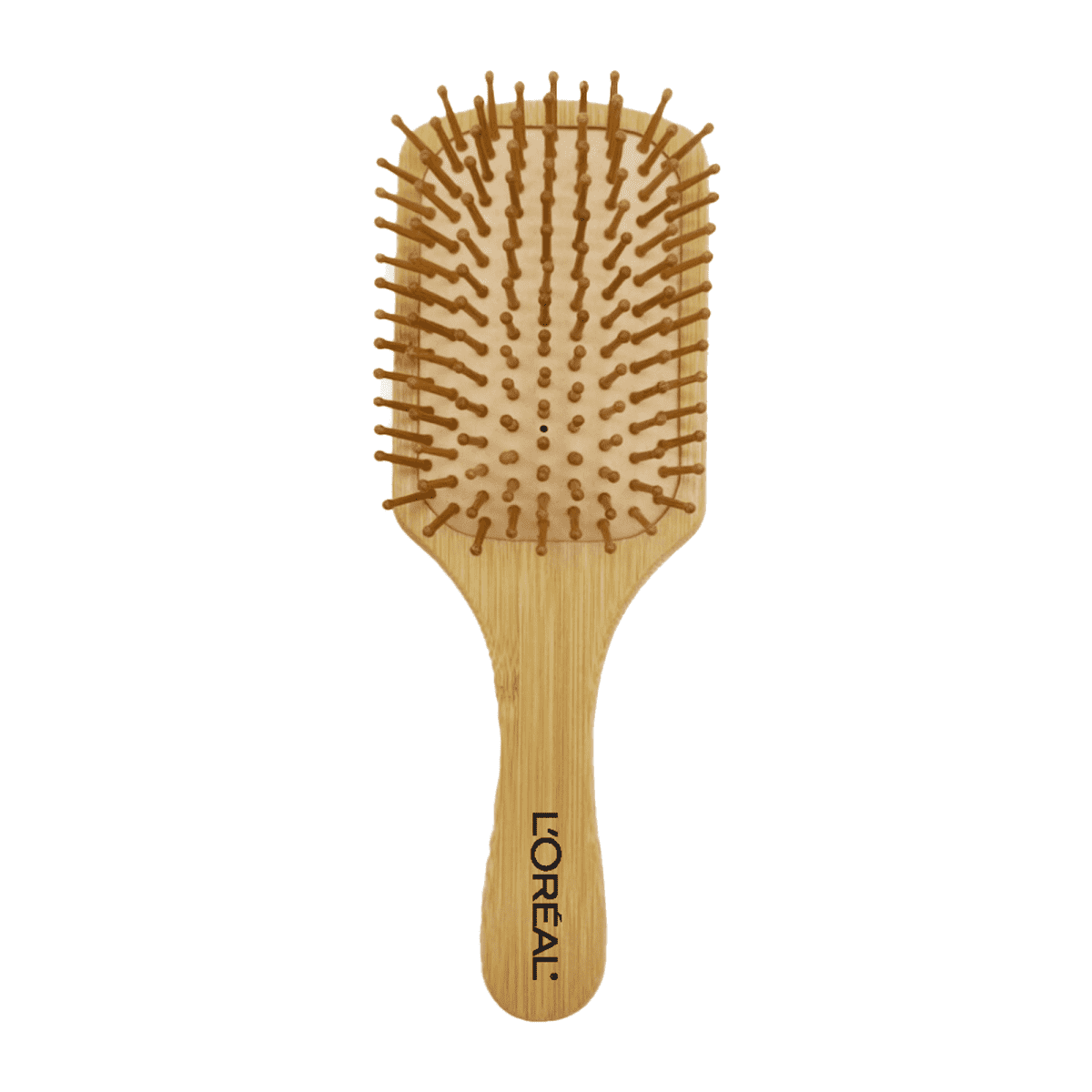 Wooden paddle hairbrush with bristles, featuring a light wood handle imprinted with the LOréal logo. The brush has a rectangular shape, suitable for detangling hair. The design is simple and natural.