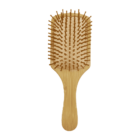 A wooden hairbrush with a rectangular paddle shape and rounded bristles, viewed from above on a plain white background.