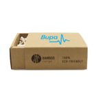 A cardboard box labeled Bupa with a heartbeat logo, containing eco-friendly bamboo cotton swabs. The box is brown with Bamboo Range and 100% Eco-Friendly printed on it. The swabs are partially visible inside.
