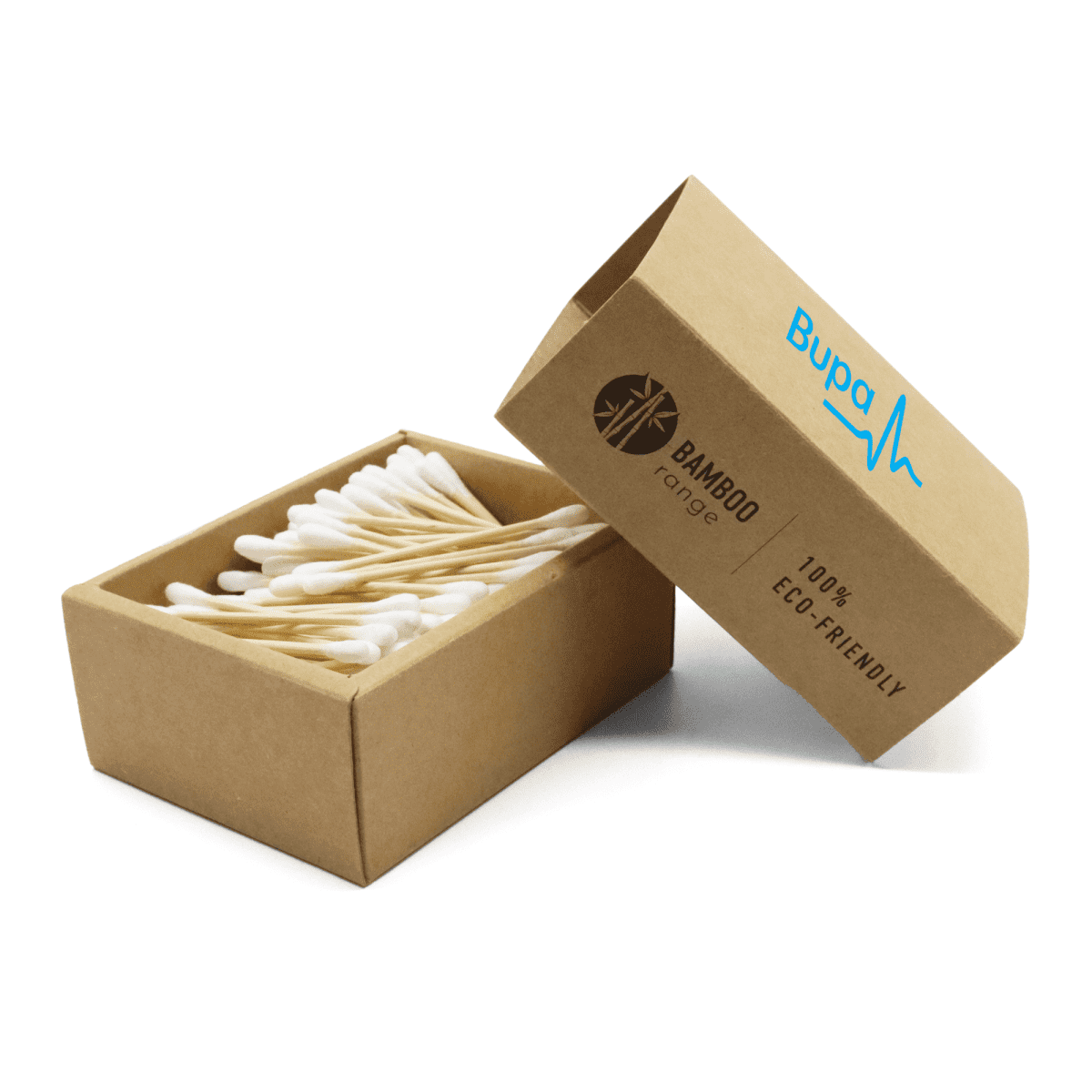 An open cardboard box labeled Bamboo Range and 100% Eco-Friendly containing bamboo cotton swabs. The box is partially opened, displaying the swabs inside. A blue logo with the word Bupa is on the lid.