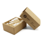 A cardboard box of bamboo cotton swabs, labeled Bamboo and 100% Eco-Friendly, with the lid partially off, revealing the swabs inside. The box and swabs are displayed against a white background.