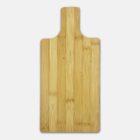 Wooden cutting board with a rectangular shape and a handle at one end. The surface displays natural wood grain patterns. The board is set against a plain white background.