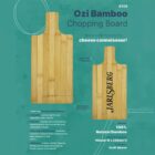 Advertisement for the Ozi Bamboo Chopping Board, featuring a large and small bamboo board with engraved handles. Text highlights versatility, antibacterial properties, and eco-friendly material. Includes dimensions and packaging details.