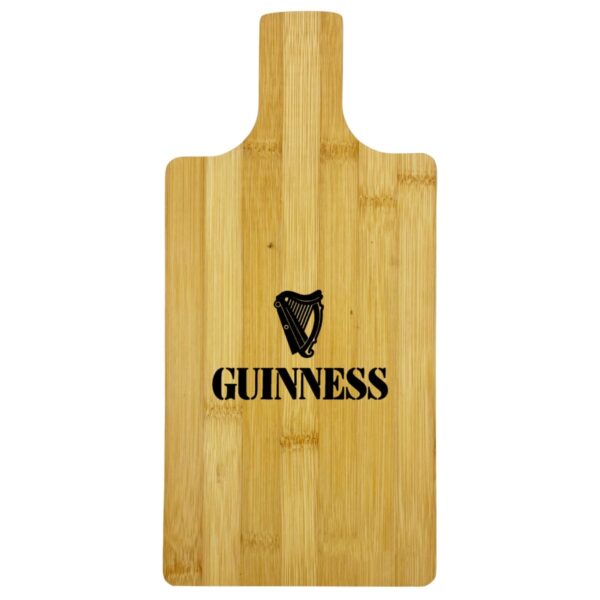 A wooden cutting board featuring the Guinness logo, which includes a harp symbol and the word GUINNESS in bold black letters, is centered on a white background.