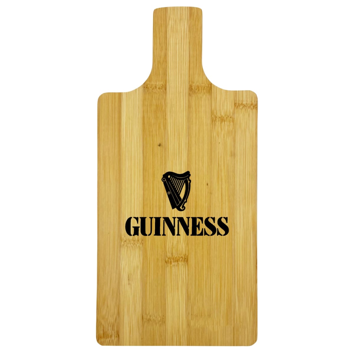 A wooden cutting board with a handle features the word GUINNESS and a harp symbol printed in black on the surface. The boards wood grain is visible, giving it a natural appearance.