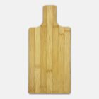 A rectangular wooden cutting board with a handle on one end against a plain white background. The board has a smooth, natural wood grain texture.