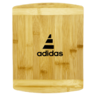 A rectangular bamboo cutting board featuring a stylized triangular design with horizontal lines and the word adidas printed below in black.