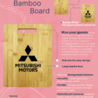 Illustrated flyer for the OBILIA Bamboo Board, featuring details like laser engraving and screen print options, large imprint area, and grip hole for easy storage. Made from 100% bamboo, its versatile, durable, and antibacterial.