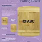 A flyer for the Tiga Bamboo Cutting Board with product details. It highlights features such as natural bamboo material, screen print and laser engraving options, and dimensions (149mm W x 203mm H). The board is shown with text describing its benefits.