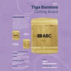 A purple advertisement features a bamboo cutting board with the label ABC. Text highlights the cutting boards features, such as being 100% natural bamboo and biodegradable. The image includes dimensions and usage instructions.