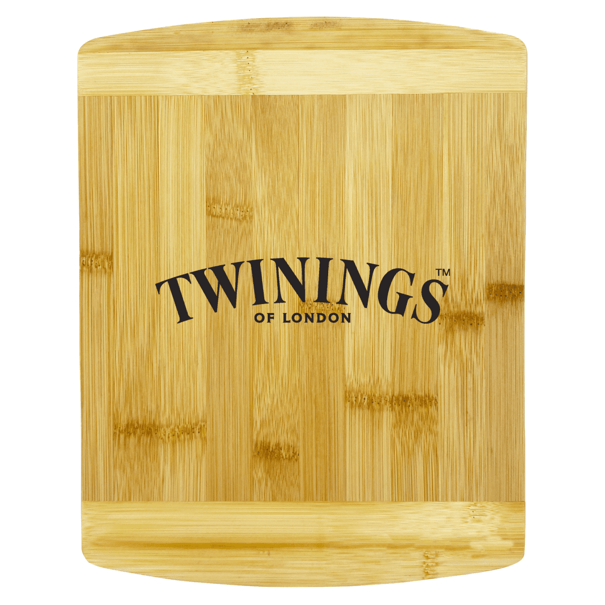 A wooden cutting board featuring the Twinings of London logo in black text. The board has a smooth finish with natural wood grain patterns visible.
