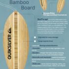 Infographic of a bamboo cutting board shaped like a surfboard, featuring product details such as dimensions, material, uses, and personalization options. The design includes the Quiksilver logo and a description emphasizing eco-friendliness and durability.