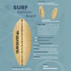 Infographic of a Surf Bamboo Board. It highlights features like easy grip, large imprint area, natural bamboo material, and durability. It includes dimensions and describes the boards environmental benefits and versatility for serving and cutting.
