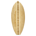 A wooden skimboard with a smooth surface and a vertical stripe design in the center. The word QUIKSILVER is engraved along the stripe.