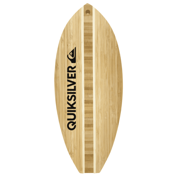 A wooden skimboard with a vertical grain pattern and QUIKSILVER printed in black along the side, accompanied by the Quiksilver logo. The board has a pointed top and rounded bottom with a hole near the top edge.