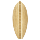 An oval-shaped bamboo cutting board with a pointed top and a small hole for hanging. It features a lighter central strip flanked by darker bamboo tones, creating a symmetrical pattern.