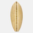 A wooden surfboard with a smooth finish and a central stripe made of alternating light and dark wood tones. The board has a finless design and a small hole near the top for hanging.