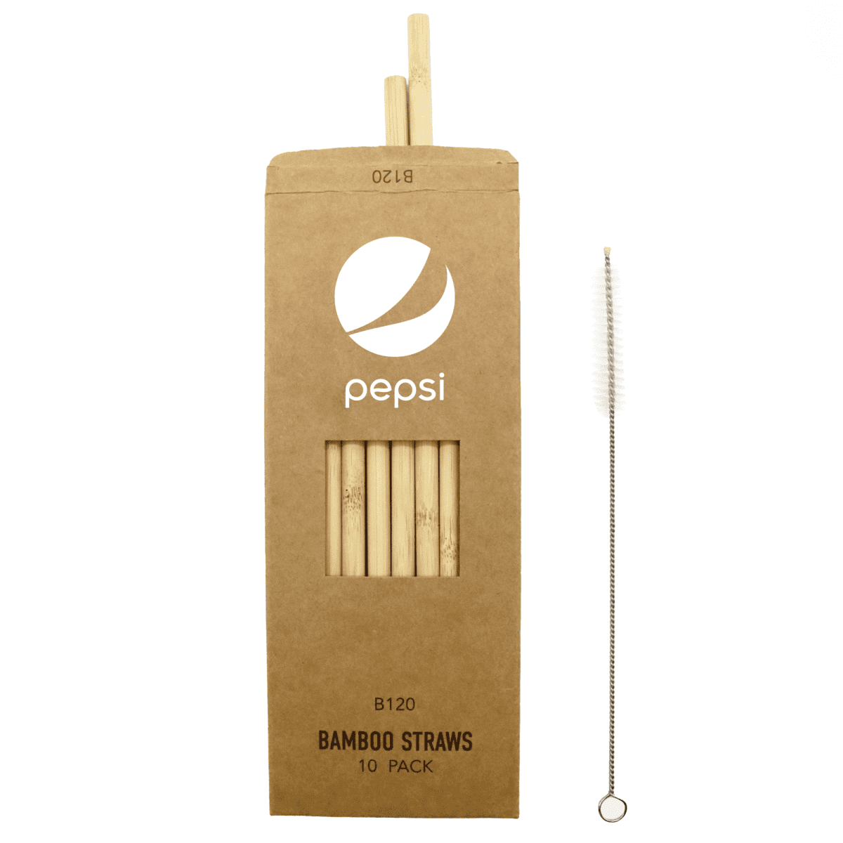 Brown cardboard box labeled pepsi containing bamboo straws, with an additional reusable straw cleaner to the right. The box is marked BAMBOO STRAWS 10 PACK. Two straws peek out from the top.