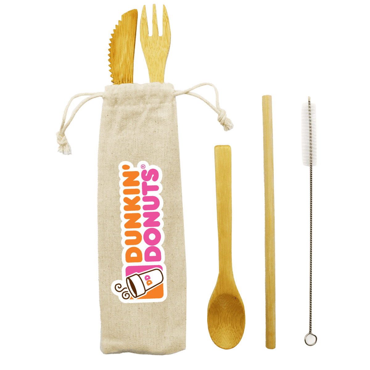 A reusable cutlery set with a wooden knife, fork, spoon, straw, and cleaning brush. The items are next to a beige drawstring pouch featuring the Dunkin Donuts logo.