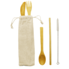A bamboo cutlery set with a fork, serrated knife, spoon, chopstick, straw, and straw cleaner arranged neatly. The set includes a beige drawstring pouch for storage.
