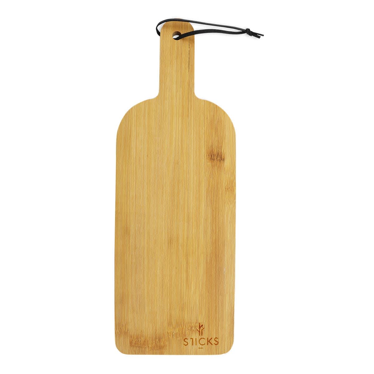 A rectangular wooden cutting board with a handle, featuring a small black loop for hanging. The board has a smooth texture and a natural wood grain finish. The brand name STICKS is engraved at the bottom.