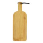 A long wooden cutting board with a handle and a black string looped through a hole at the end. The board has a light natural wood finish, with a slightly rounded top.