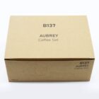 A brown cardboard box labeled B137 AUBREY Coffee Set is displayed against a white background. The box includes a simple outline sketch of a cup and saucer. Capacity is noted as 180mL.