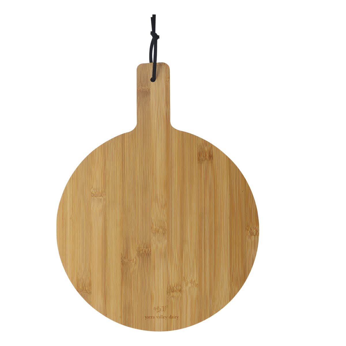 A round wooden cutting board with a handle and a black hanging loop. The surface has a natural wood grain pattern, giving it a rustic appearance.
