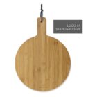 A round wooden cutting board with a handle featuring a black hanging loop. A note on the upper right states Logo at standard size. The board has a smooth finish with natural wood grain patterns.