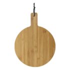 Round wooden cutting board with a handle at the top. The handle has a hole with a black strap for hanging. The board has a light natural wood grain texture.