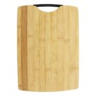 A rectangular bamboo cutting board with a black handle at the top. The board has a natural wood grain texture and a smooth surface.